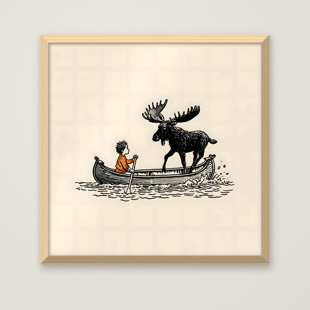 Boy and Moose Canoe Art in a natural wood frame