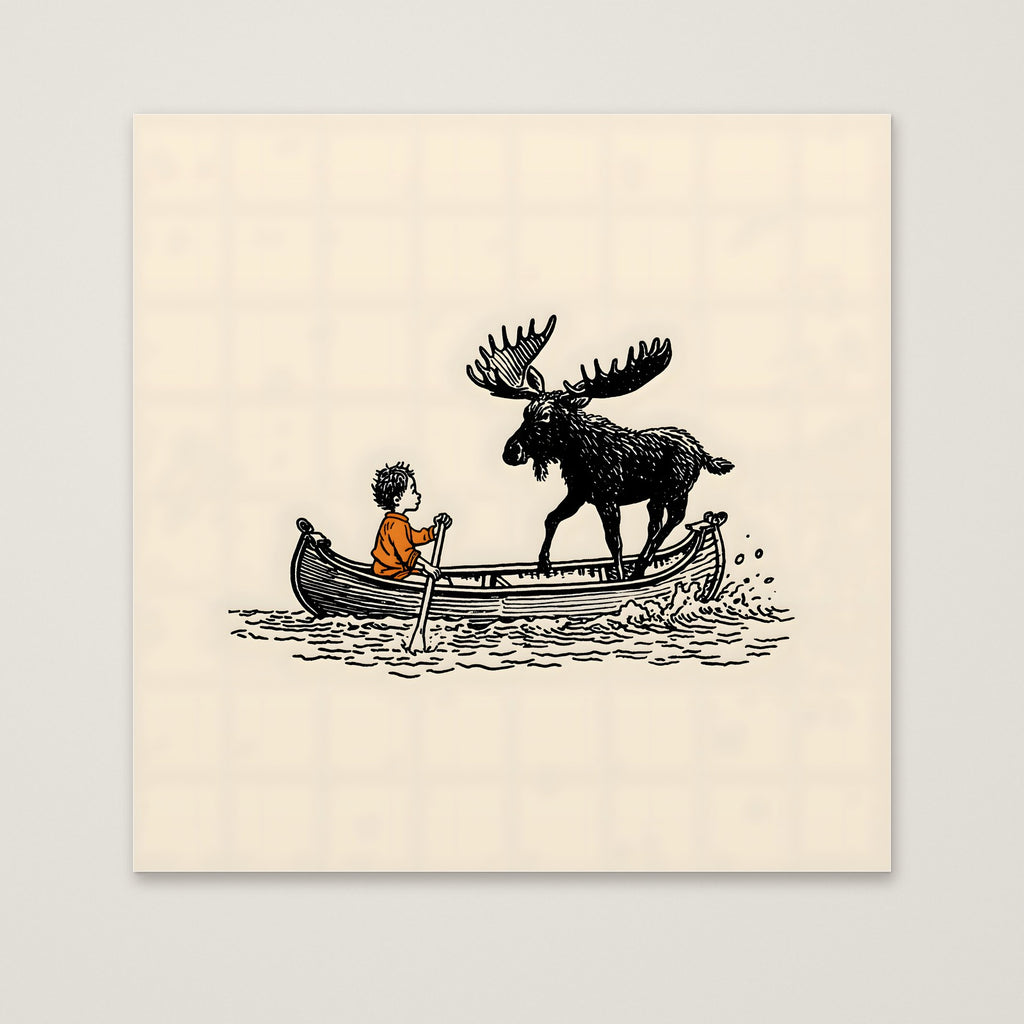 Boy and Moose Canoe Art as an unframed matte paper print