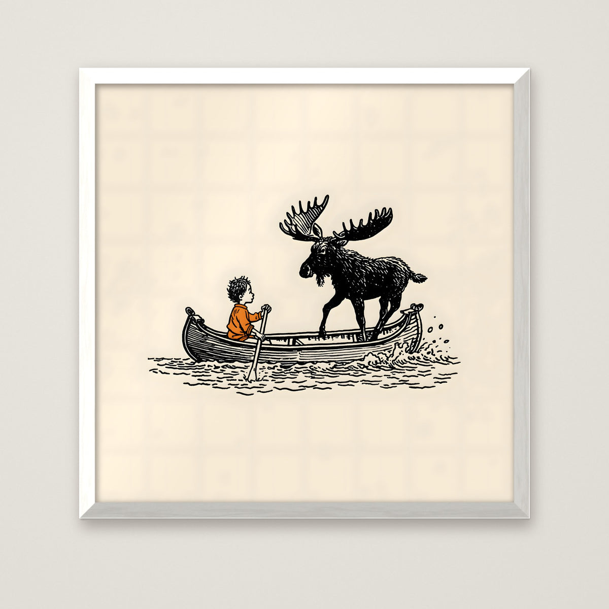 Boy and Moose Canoe Art in a white frame
