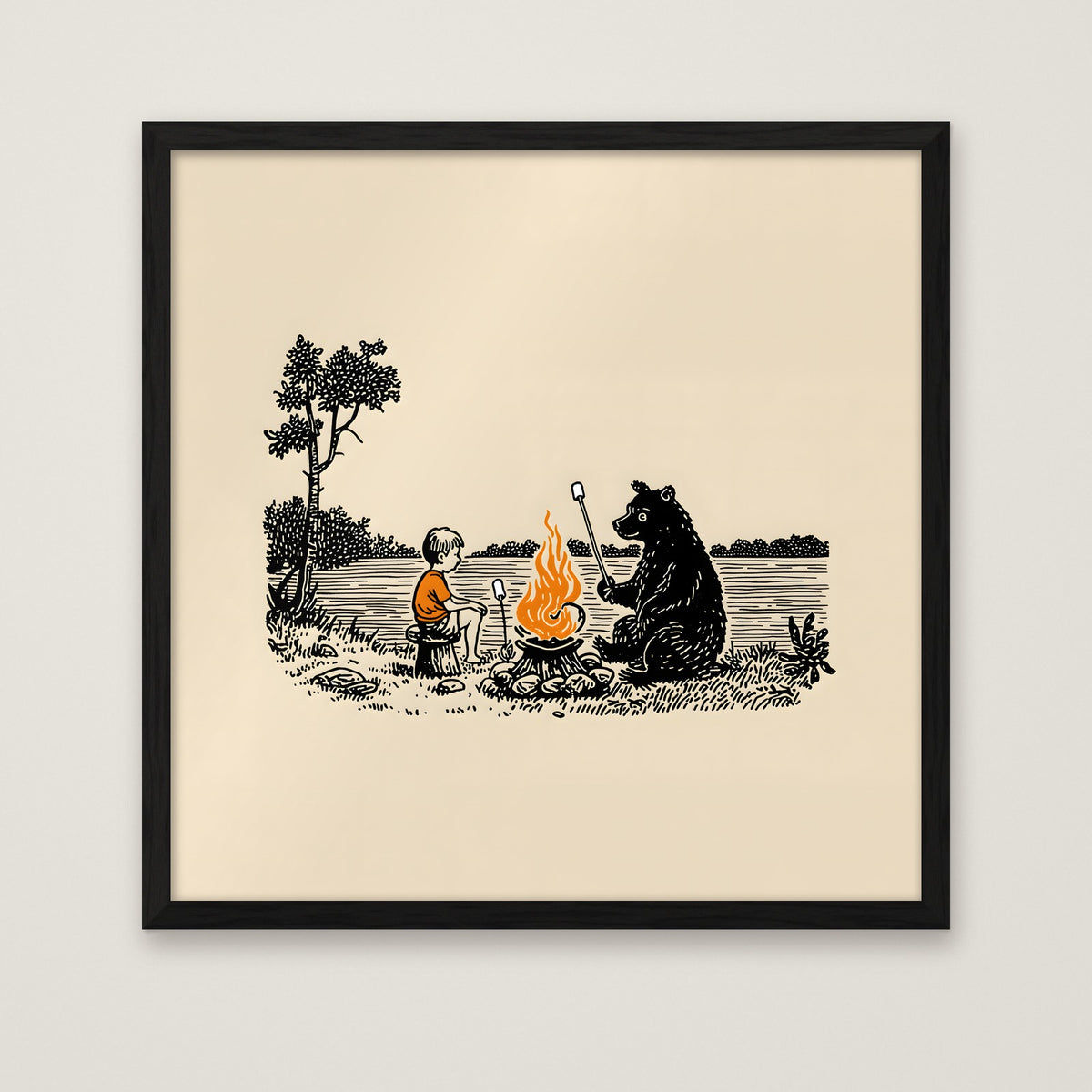 Boy Bear Campfire Art in a black frame