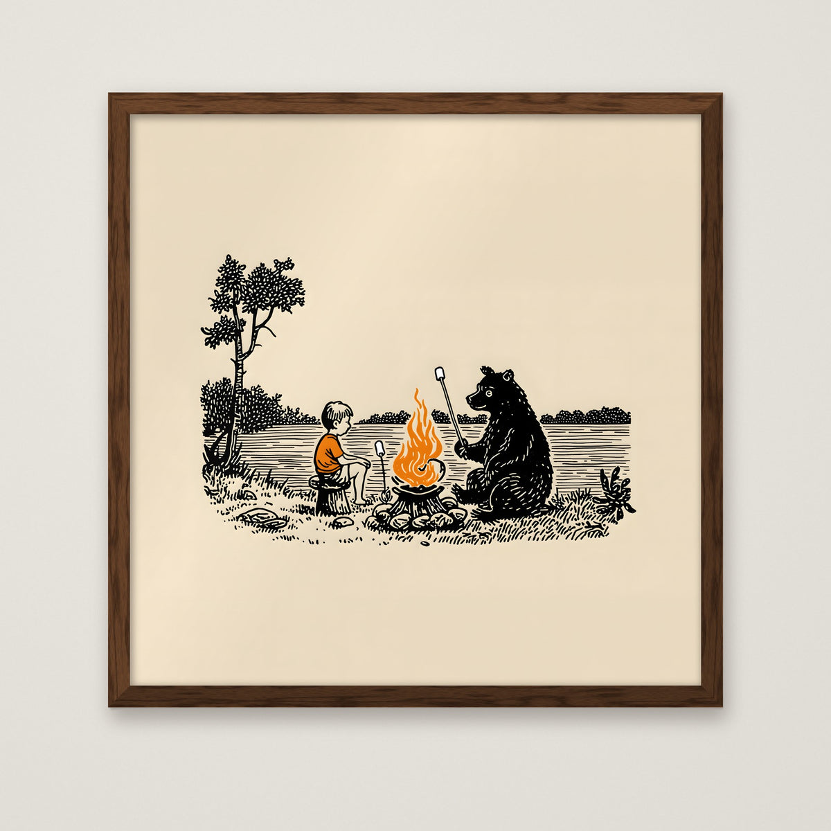 Boy Bear Campfire Art in a dark wood frame