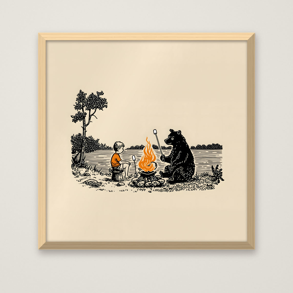 Boy Bear Campfire Art in a natural wood frame