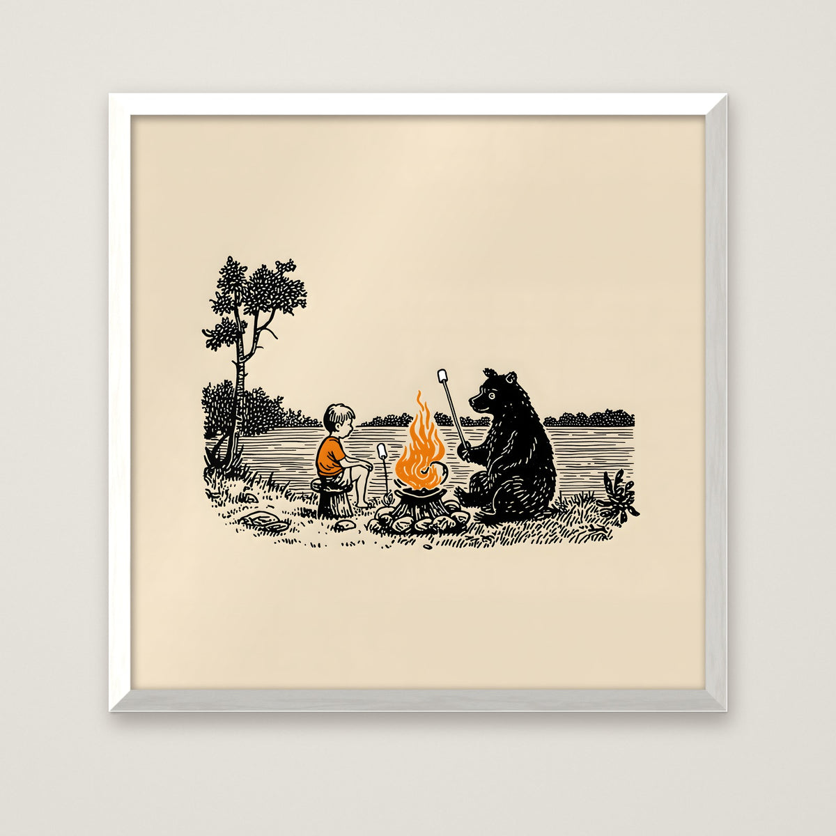Boy Bear Campfire Art in a white frame
