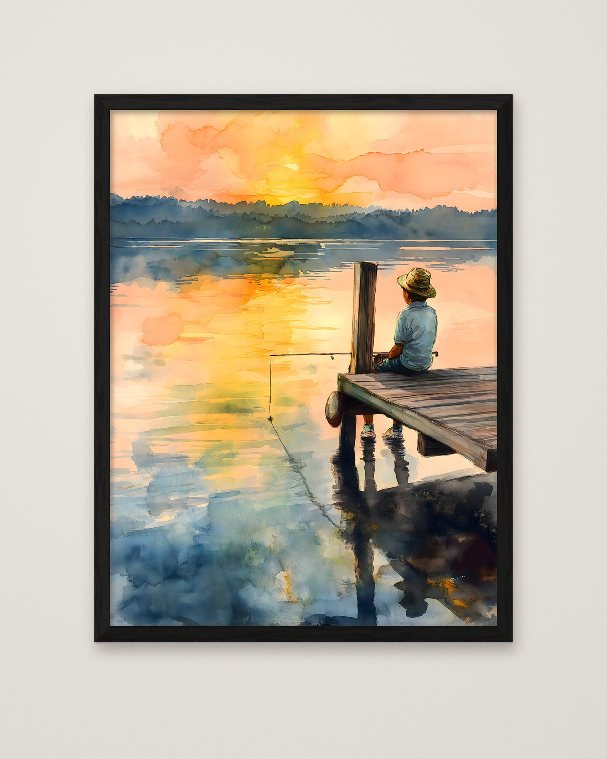 Boy Fishing Dock Watercolor in a black frame