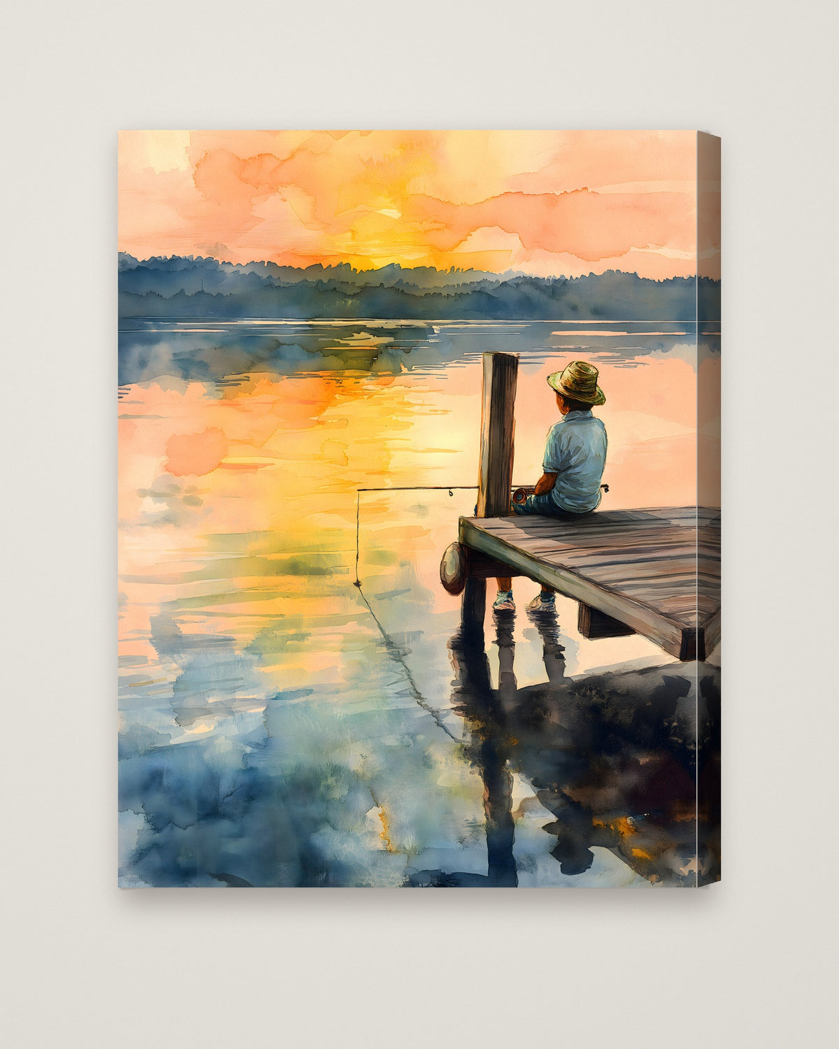 Boy Fishing Dock Watercolor as a stretched canvas