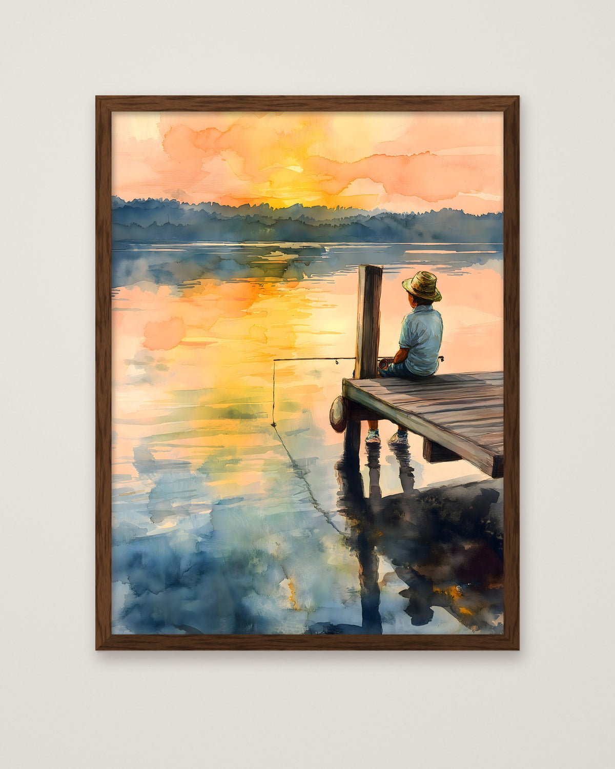Boy Fishing Dock Watercolor in a dark wood frame