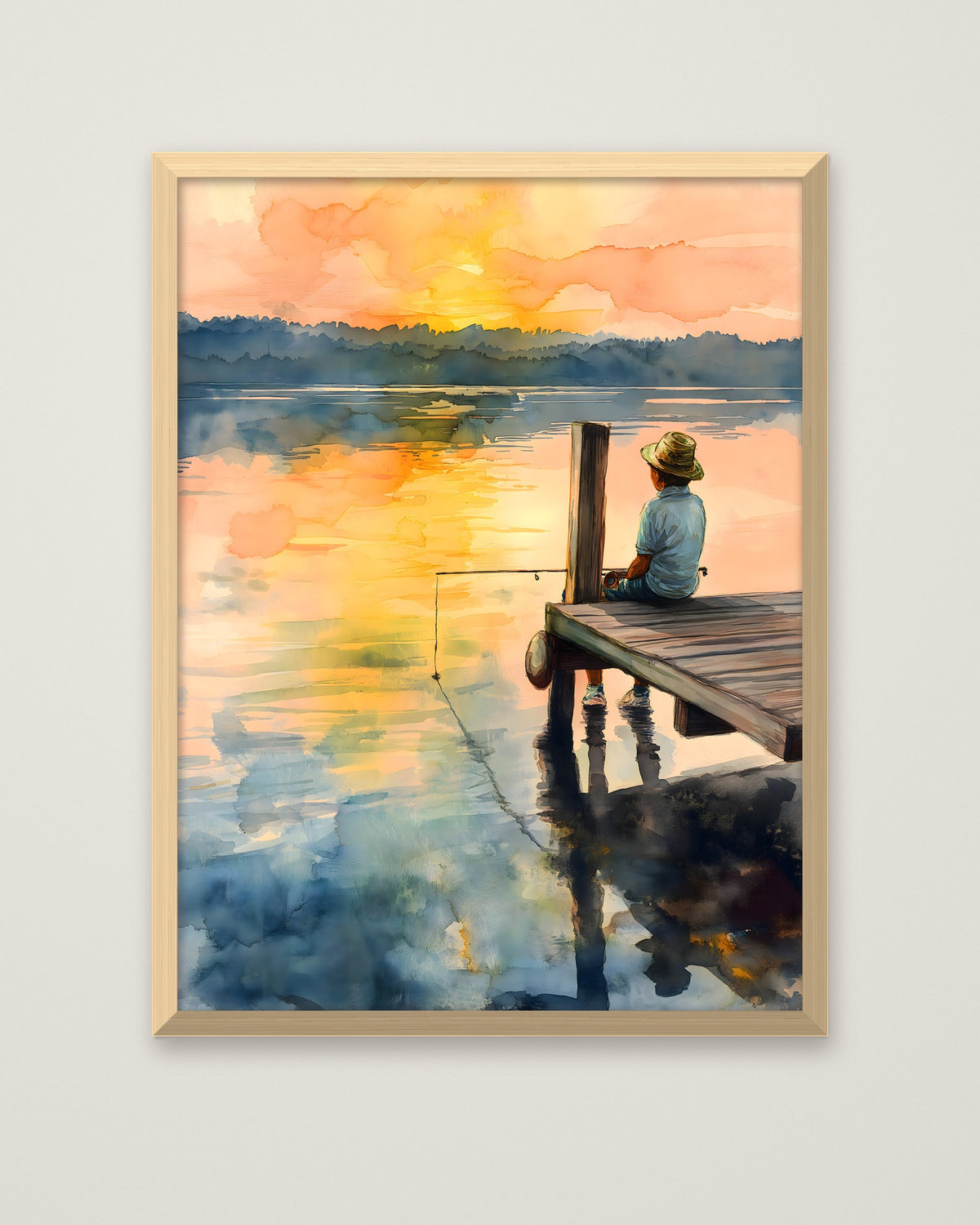 Boy Fishing Dock Watercolor in a natural wood frame