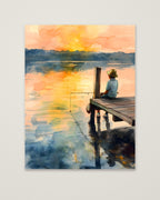 Boy Fishing Dock Watercolor as an unframed matte paper print