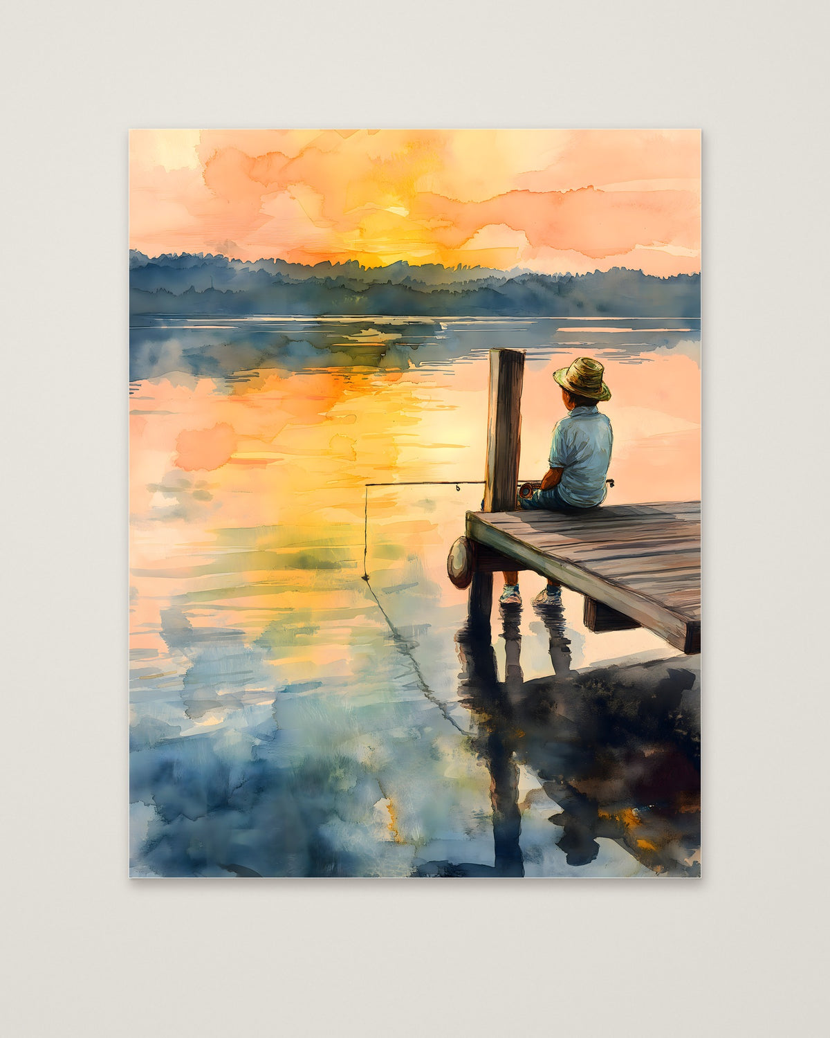 Boy Fishing Dock Watercolor as an unframed matte paper print