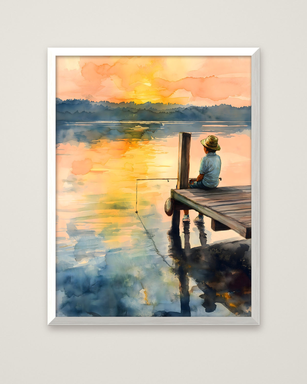 Boy Fishing Dock Watercolor in a white frame