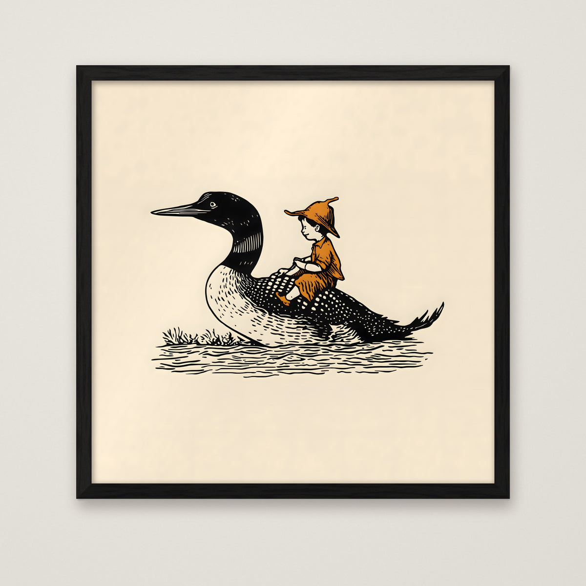 Boy Riding Loon Bird Art in a black frame