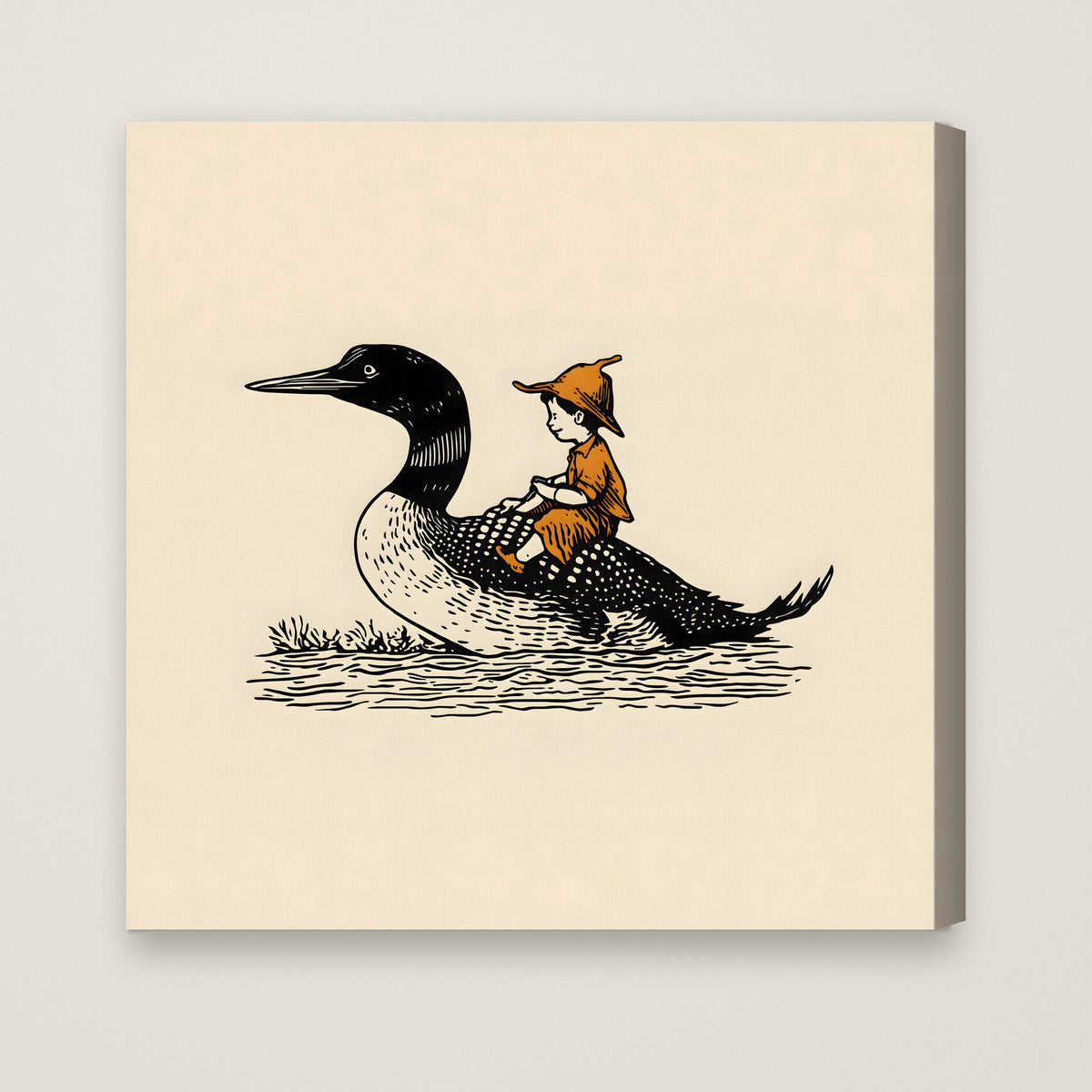 Boy Riding Loon Bird Art as a stretched canvas