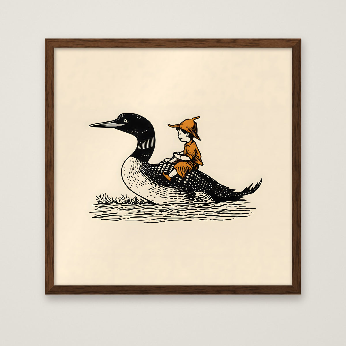 Boy Riding Loon Bird Art in a dark wood frame