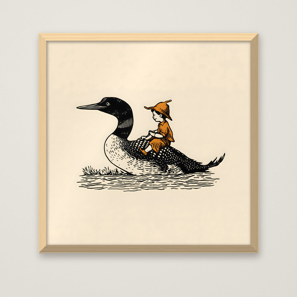 Boy Riding Loon Bird Art in a natural wood frame