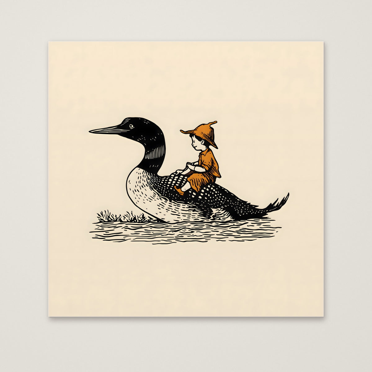 Boy Riding Loon Bird Art as an unframed matte paper print