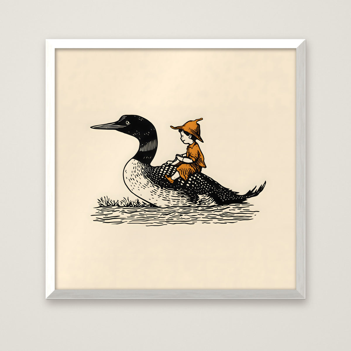 Boy Riding Loon Bird Art in a white frame