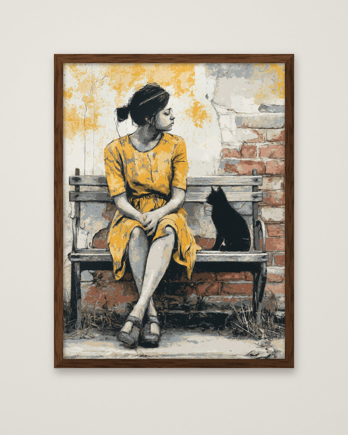 Brick Bench Wabi Sabi Art in a dark wood frame