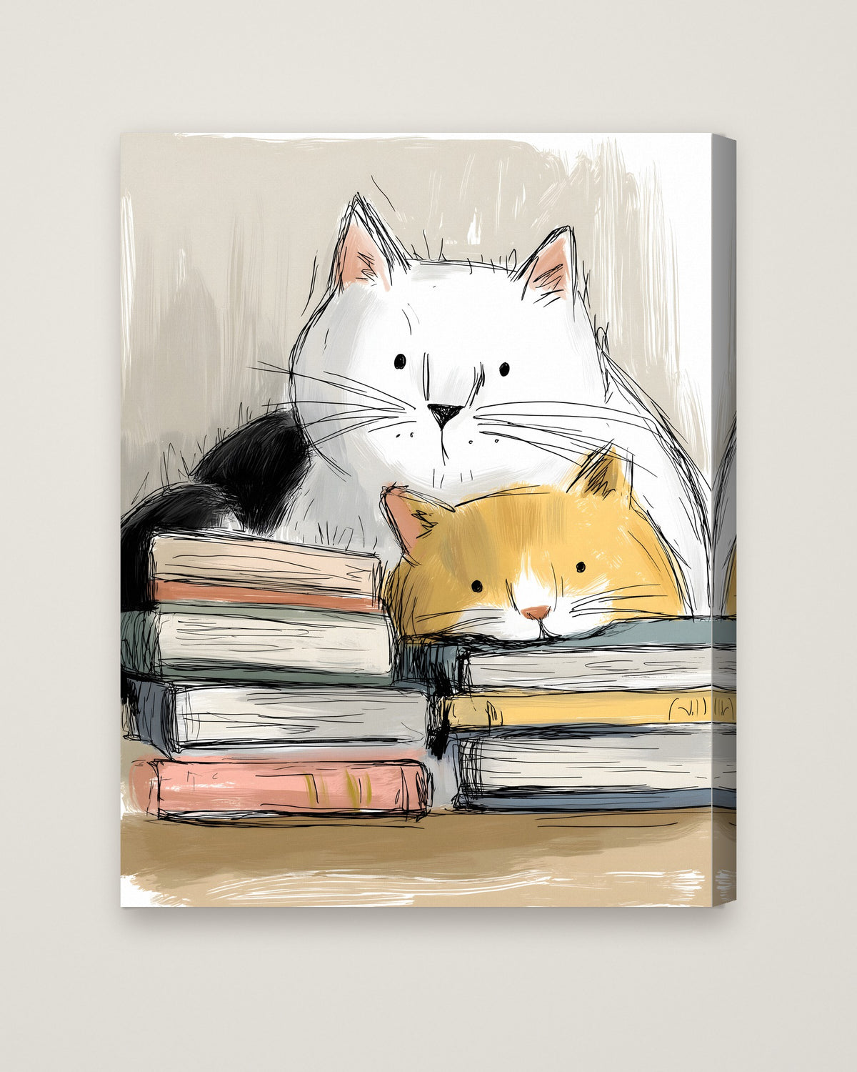 Cats and Books Illustration as a stretched canvas