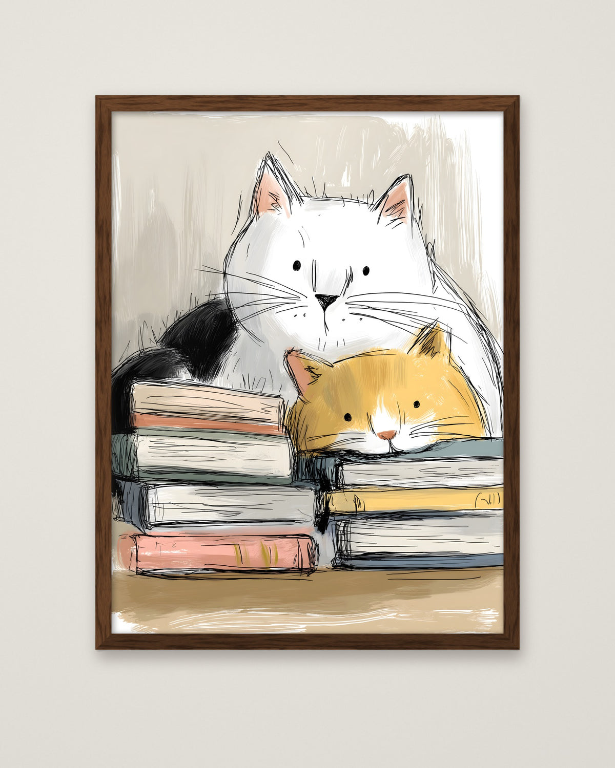Cats and Books Illustration in a dark wood frame