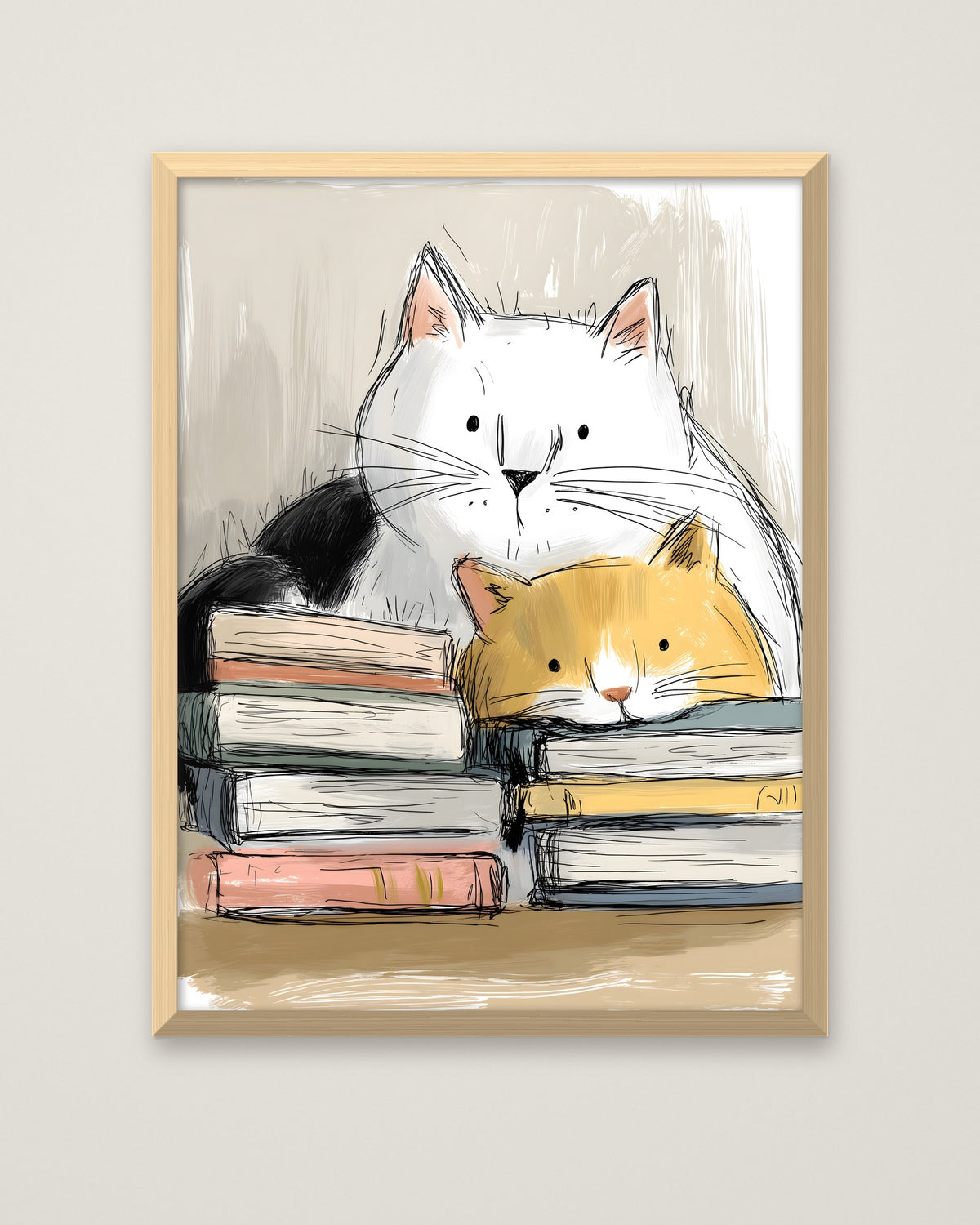 Cats and Books Illustration in a natural wood frame
