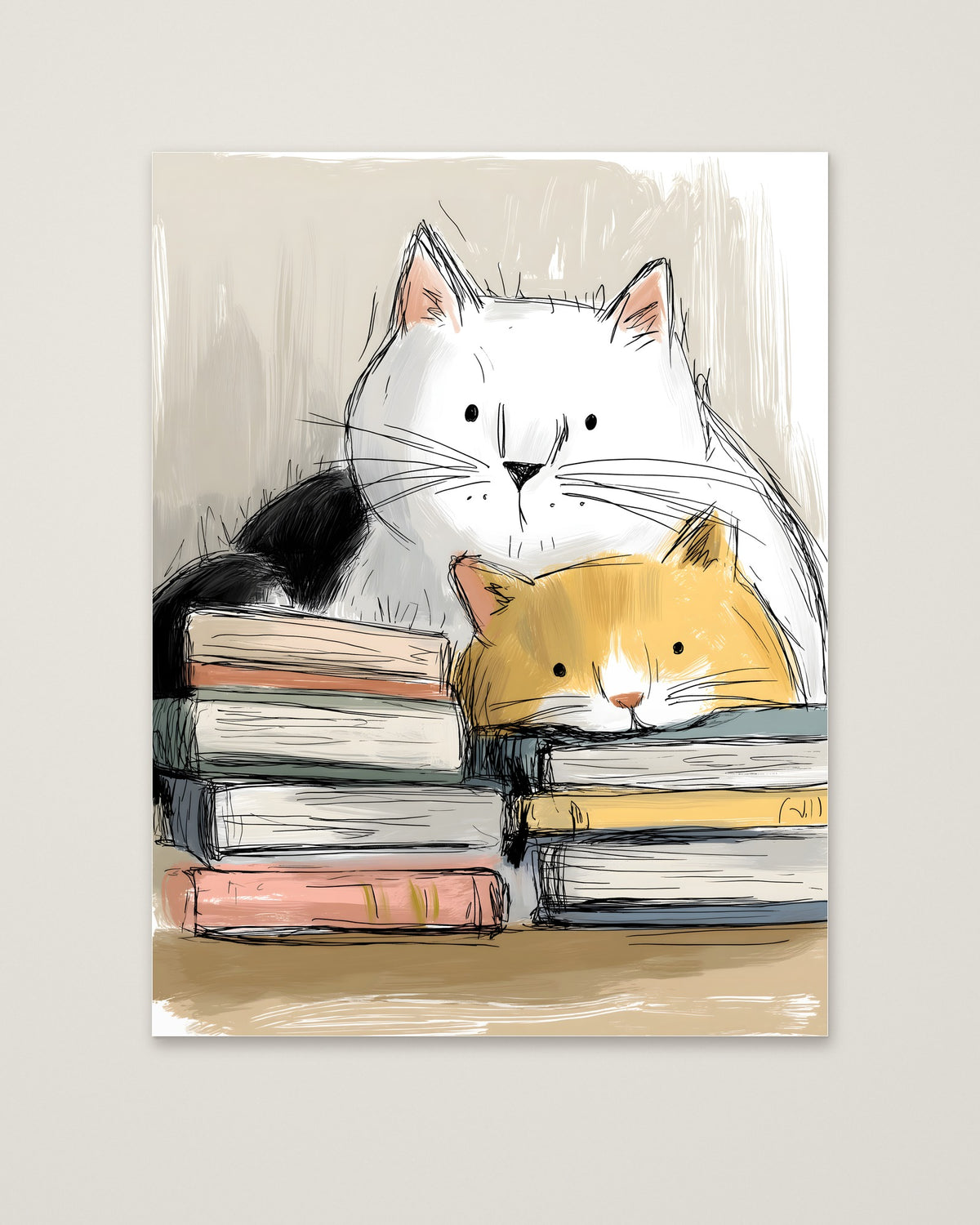 Cats and Books Illustration as an unframed matte paper print