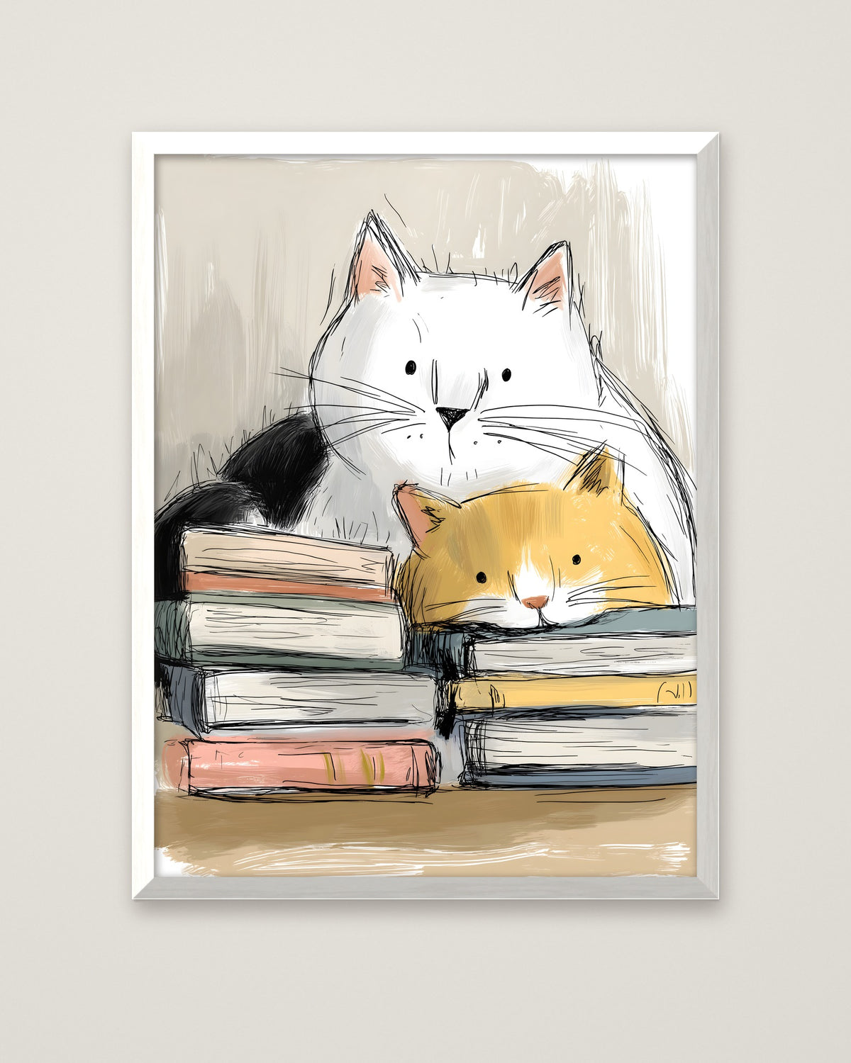 Cats and Books Illustration in a white frame