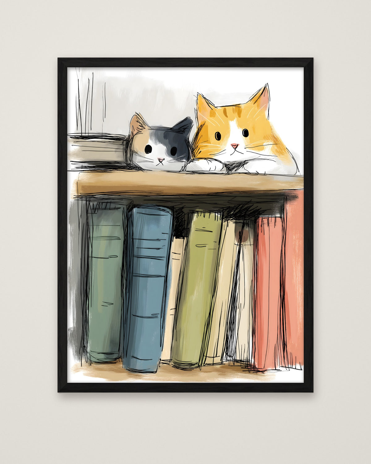 Cats On Bookshelf Art in a black frame