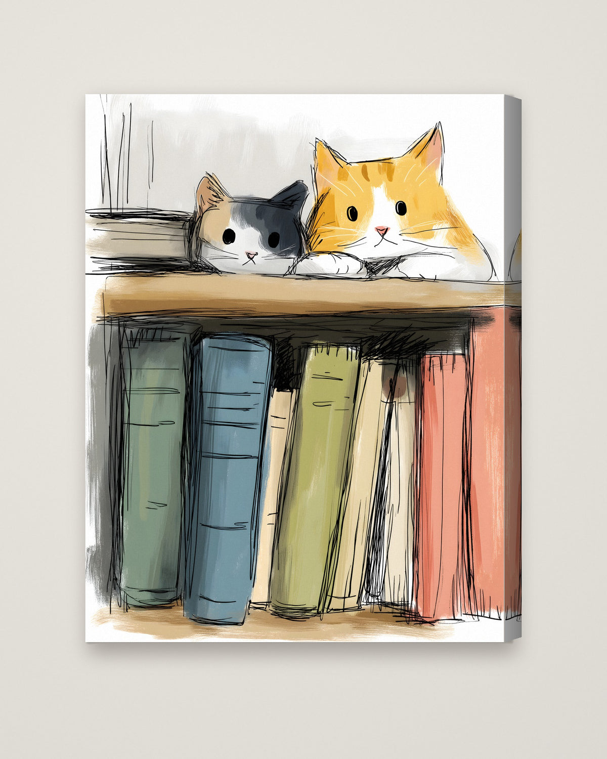 Cats On Bookshelf Art as a stretched canvas