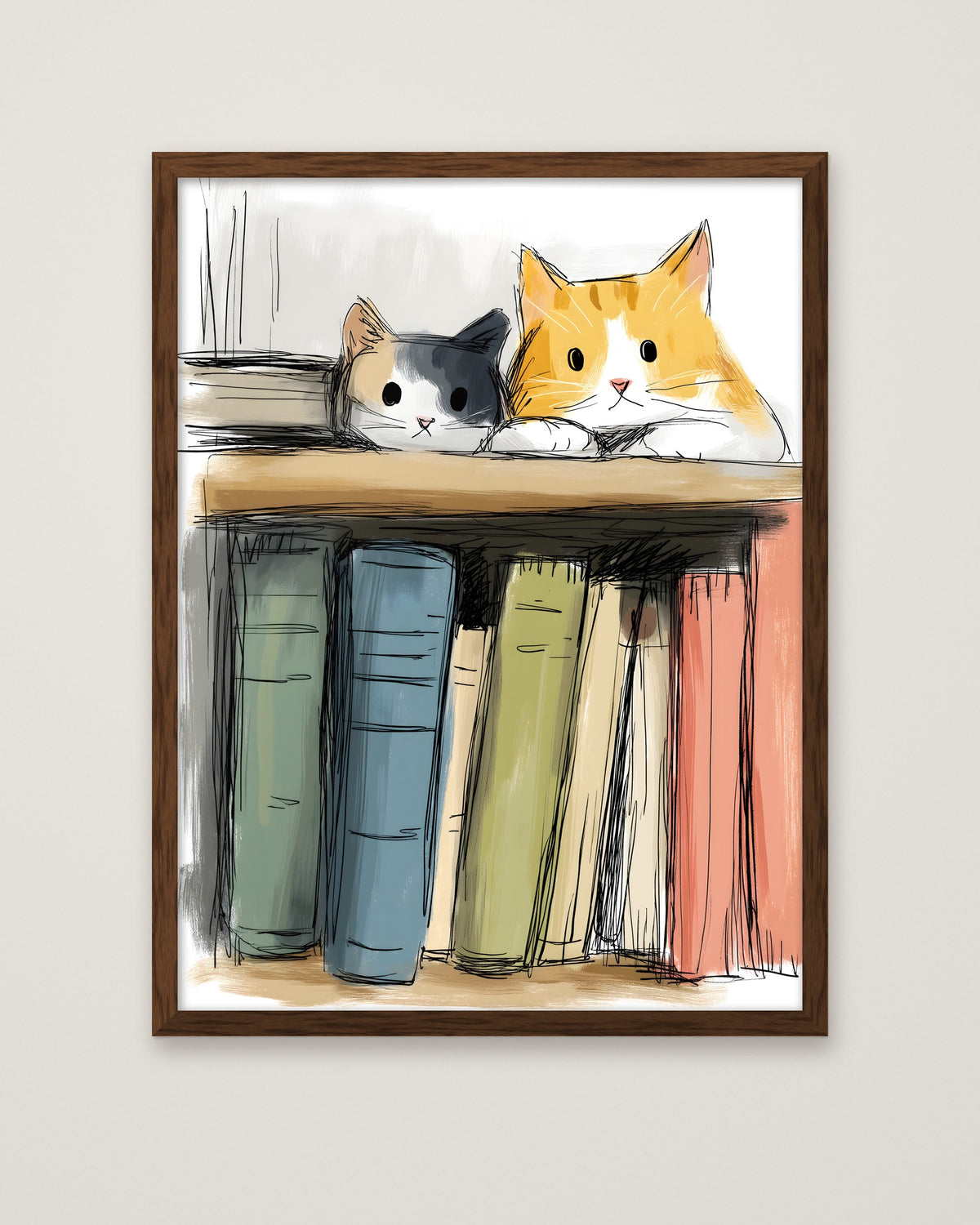 Cats On Bookshelf Art in a dark wood frame