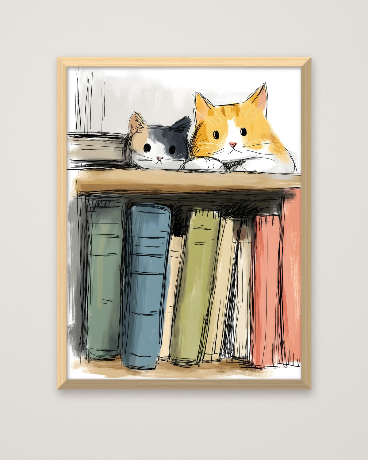 Cats On Bookshelf Art in a natural wood frame