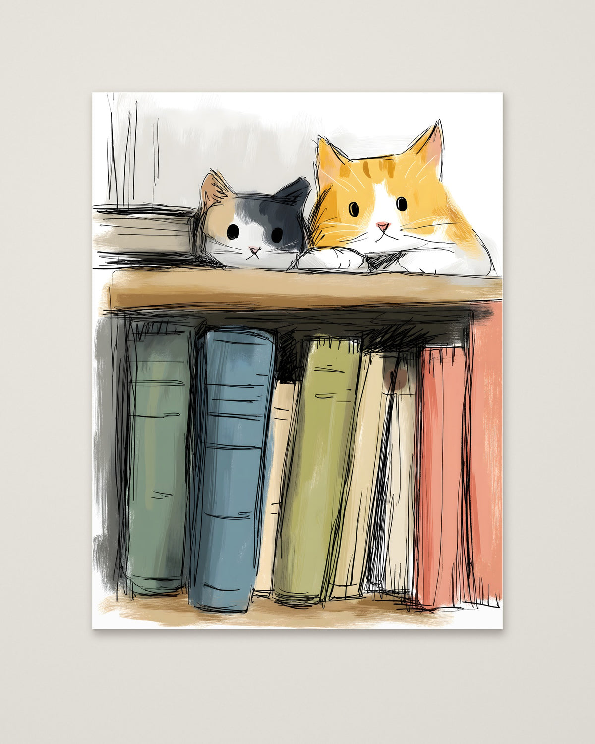Cats On Bookshelf Art as an unframed matte paper print