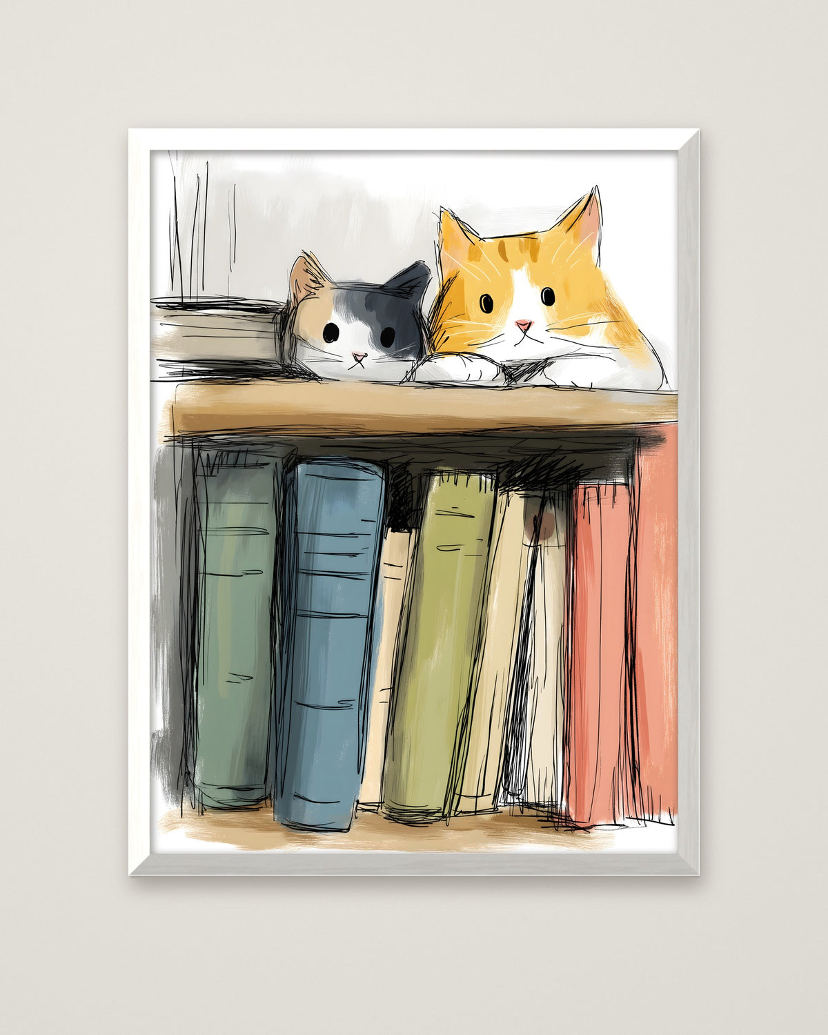 Cats On Bookshelf Art in a white frame