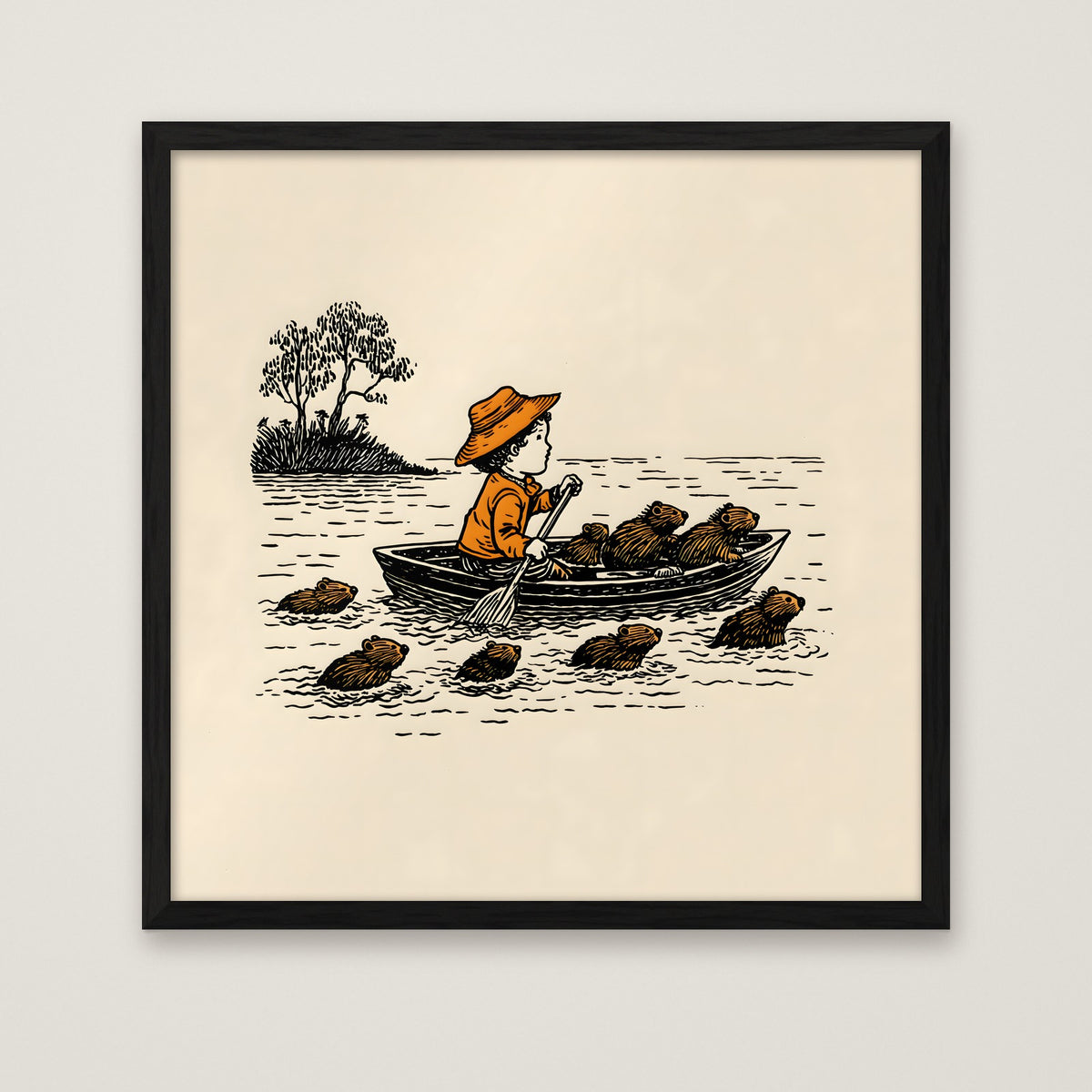 Child Rowing Boat Beavers Art in a black frame