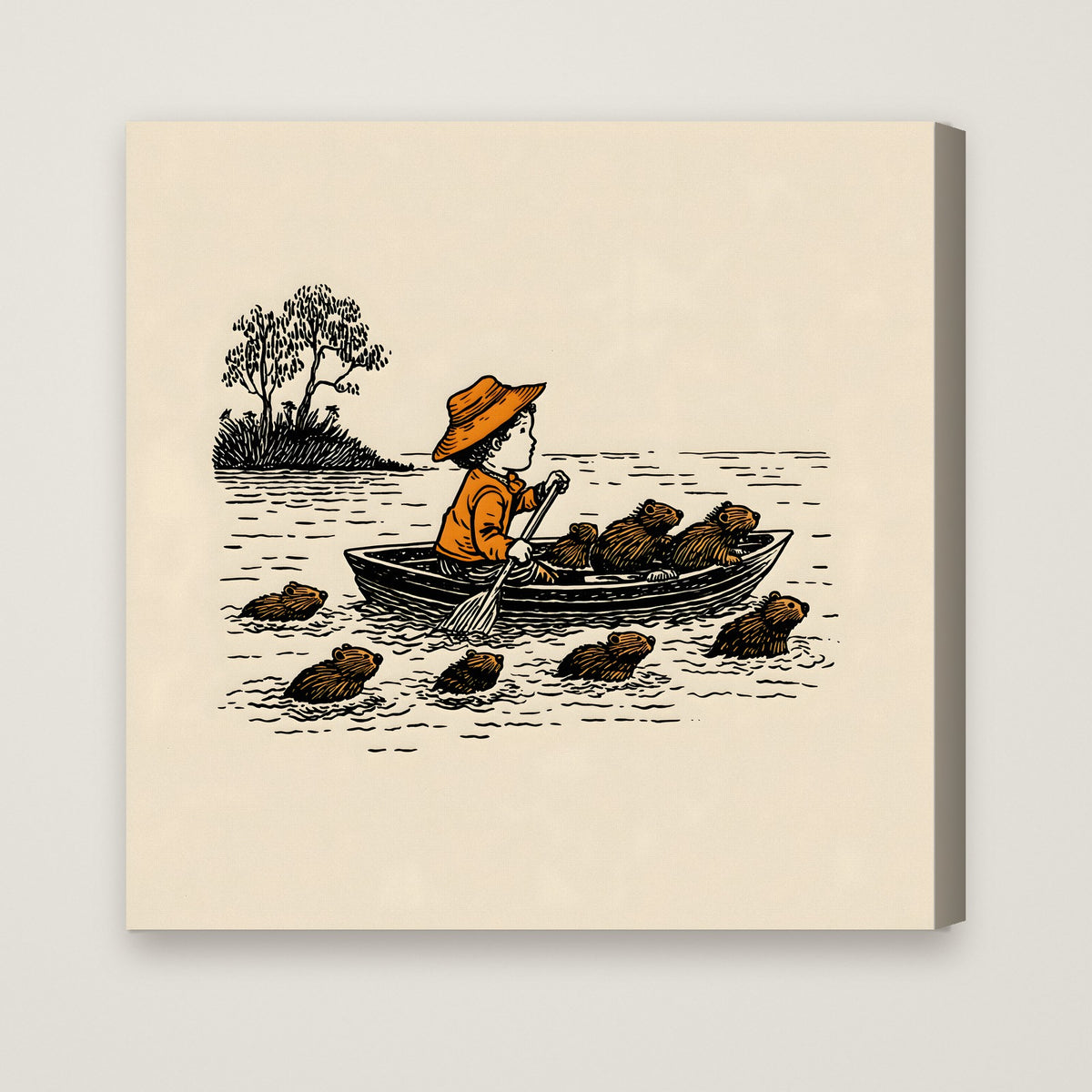 Child Rowing Boat Beavers Art as a stretched canvas