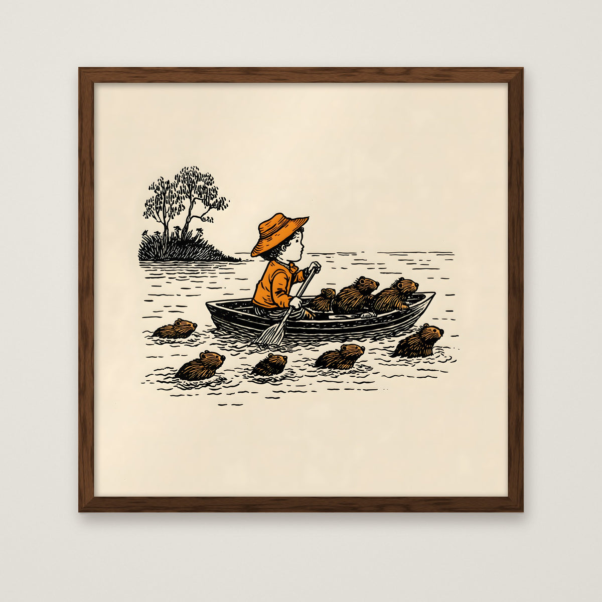 Child Rowing Boat Beavers Art in a dark wood frame