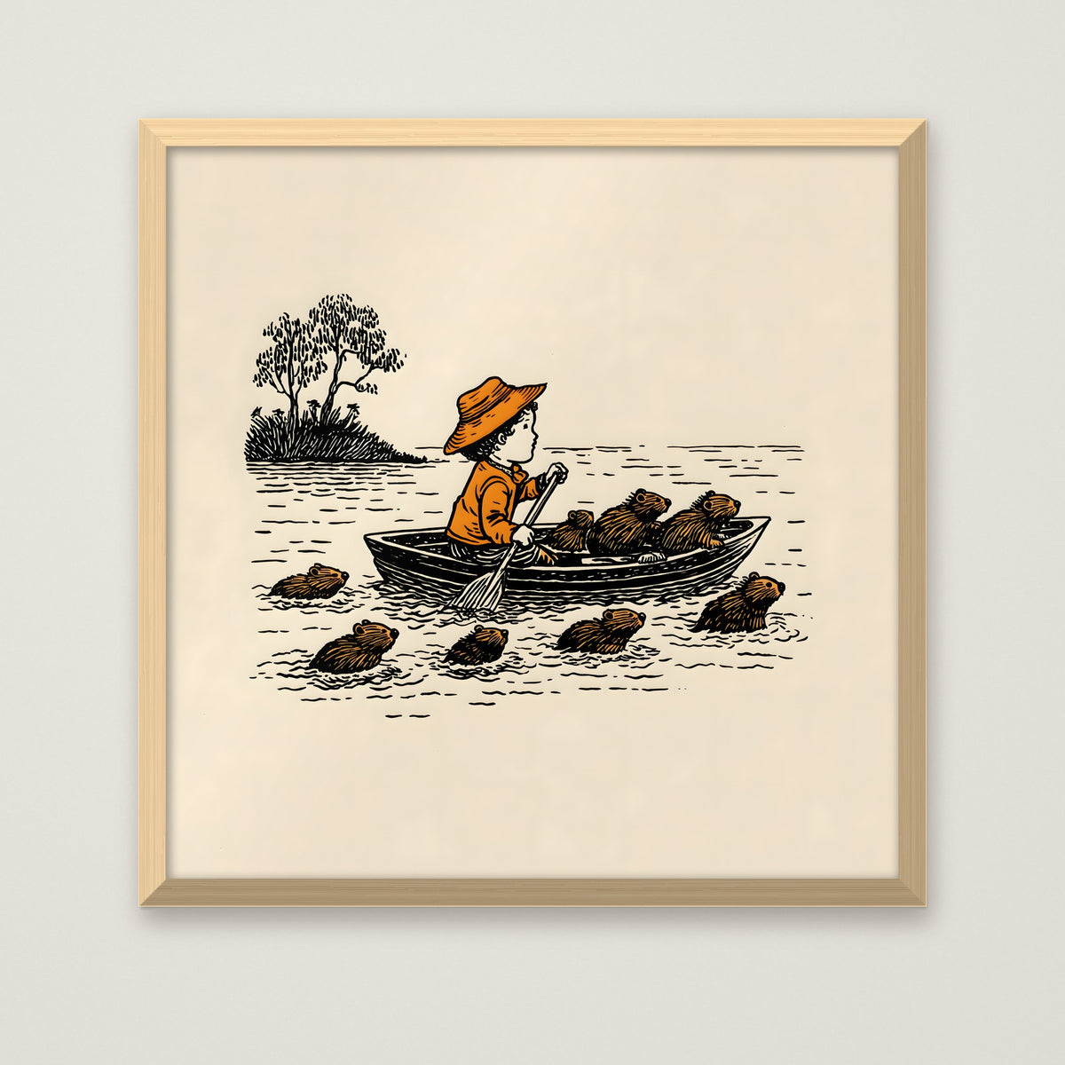 Child Rowing Boat Beavers Art in a natural wood frame
