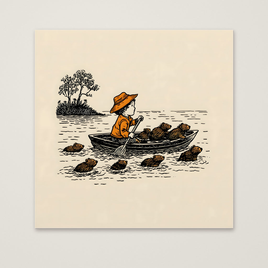 Child Rowing Boat Beavers Art as an unframed matte paper print