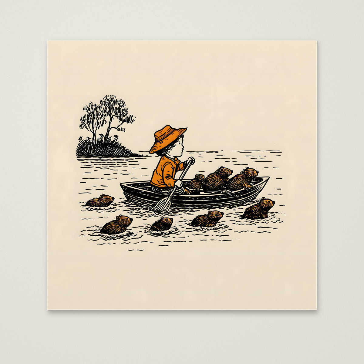 Child Rowing Boat Beavers Art as an unframed matte paper print