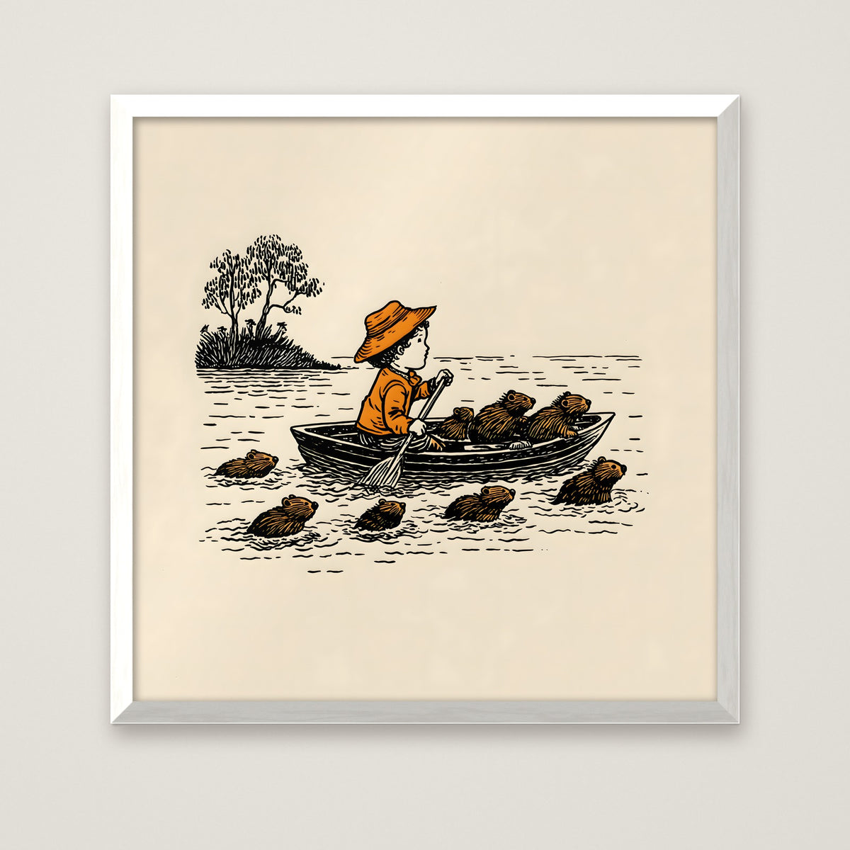 Child Rowing Boat Beavers Art in a white frame