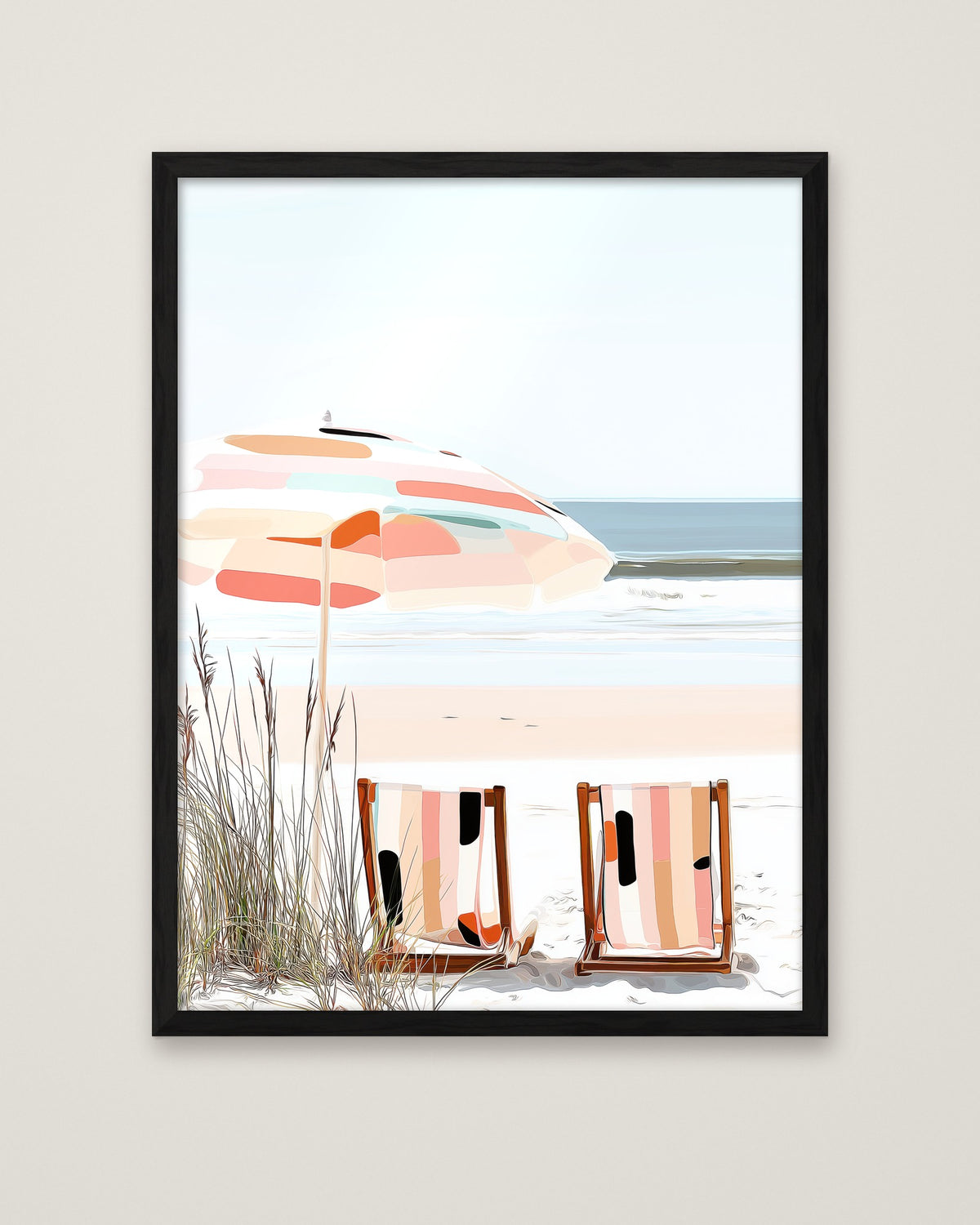 Coastal Beach Chairs Art in a black frame