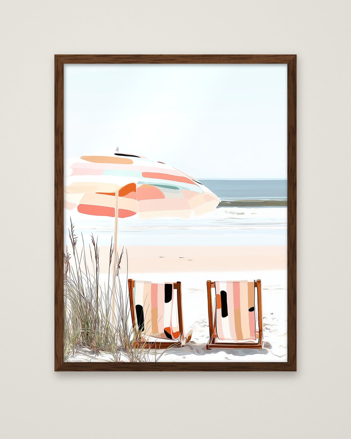 Coastal Beach Chairs Art in a dark wood frame