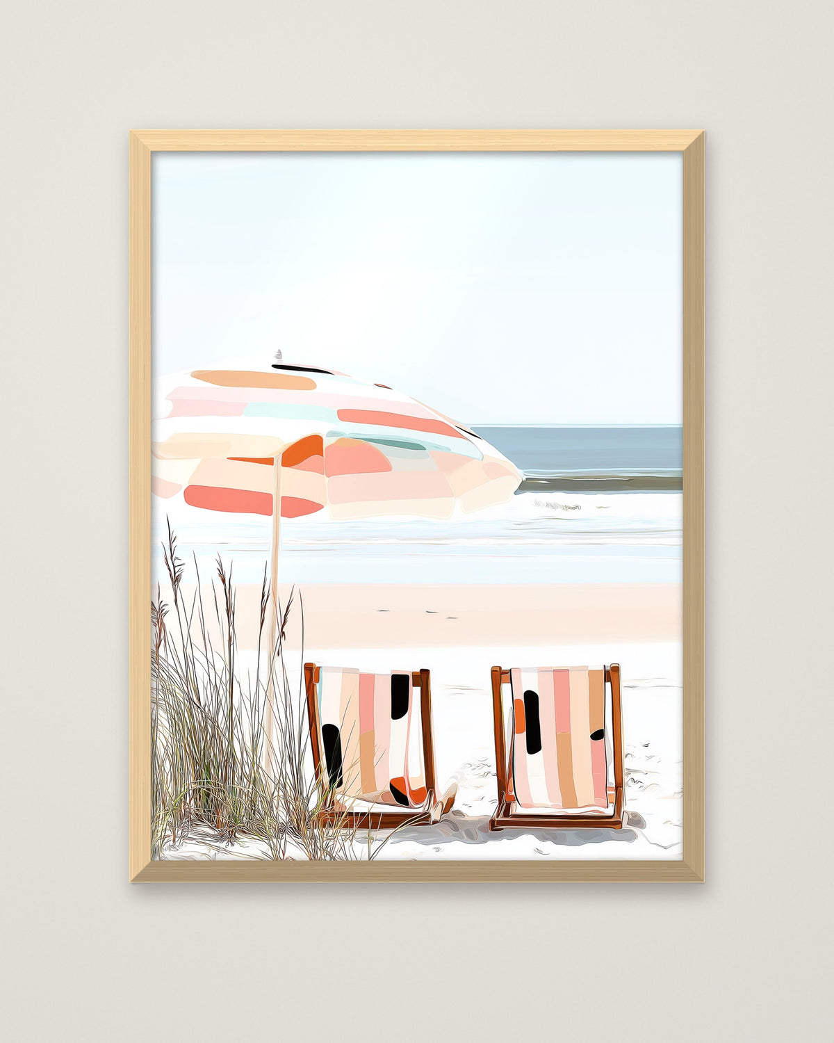 Coastal Beach Chairs Art in a natural wood frame