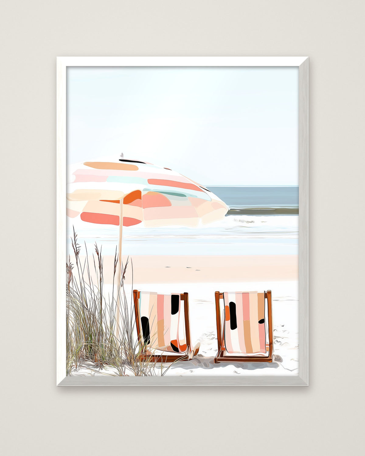 Coastal Beach Chairs Art in a white frame