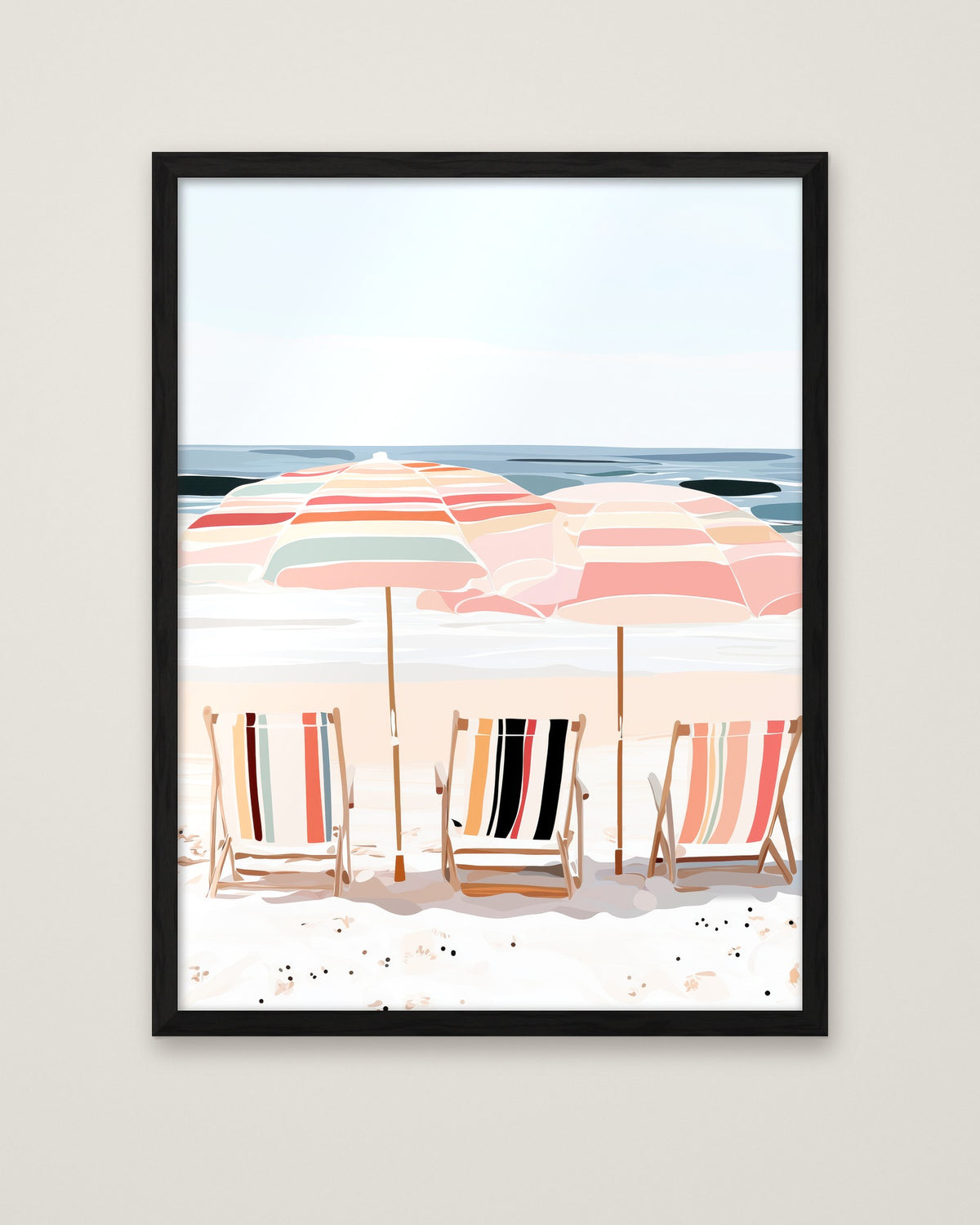 Coastal Beach Chairs Umbrella Art in a black frame
