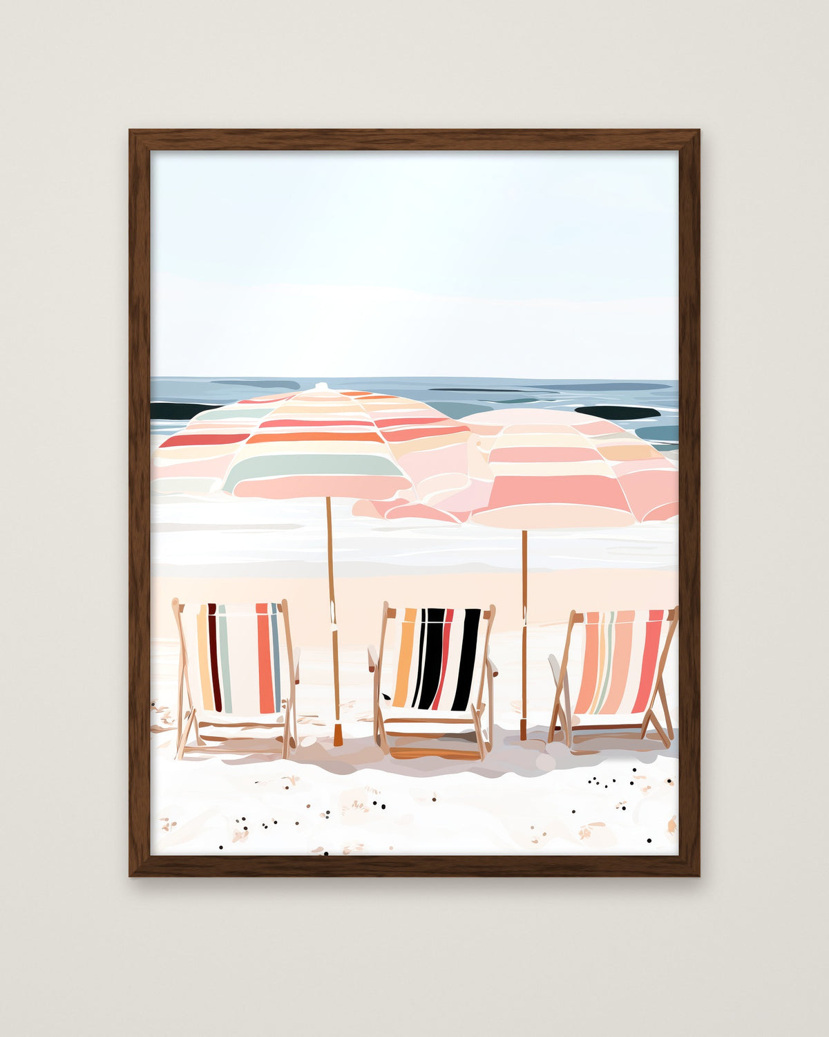 Coastal Beach Chairs Umbrella Art in a dark wood frame