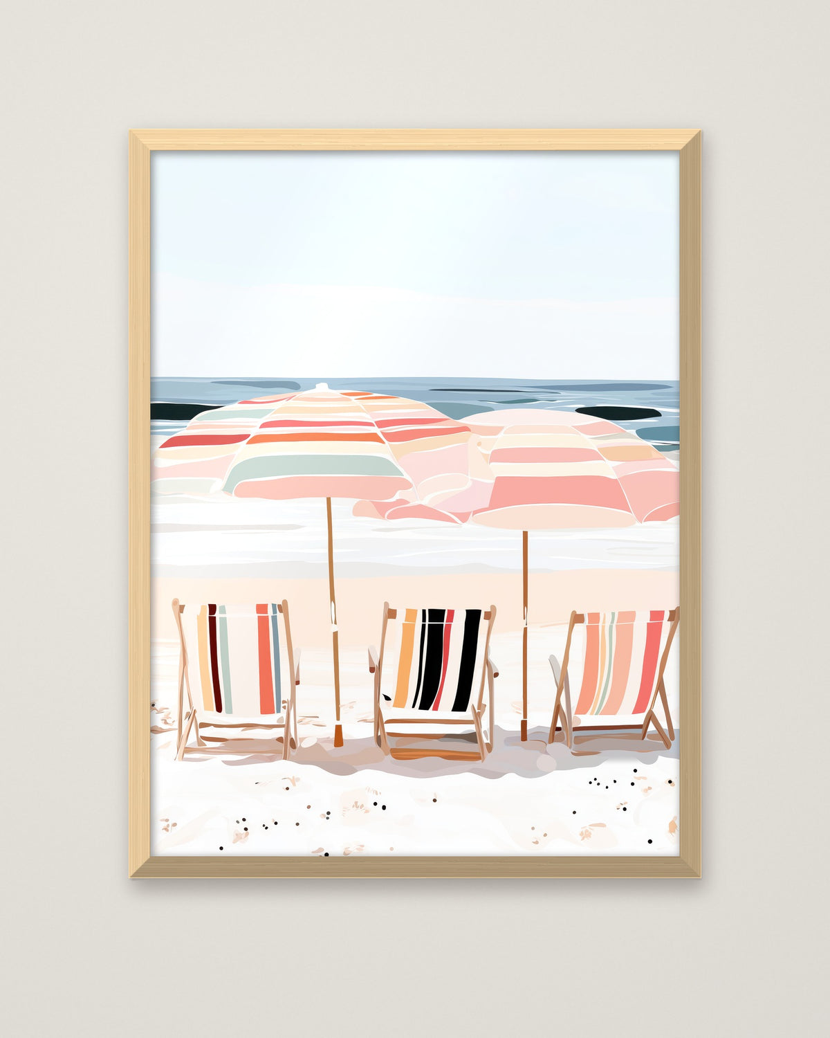 Coastal Beach Chairs Umbrella Art in a natural wood frame