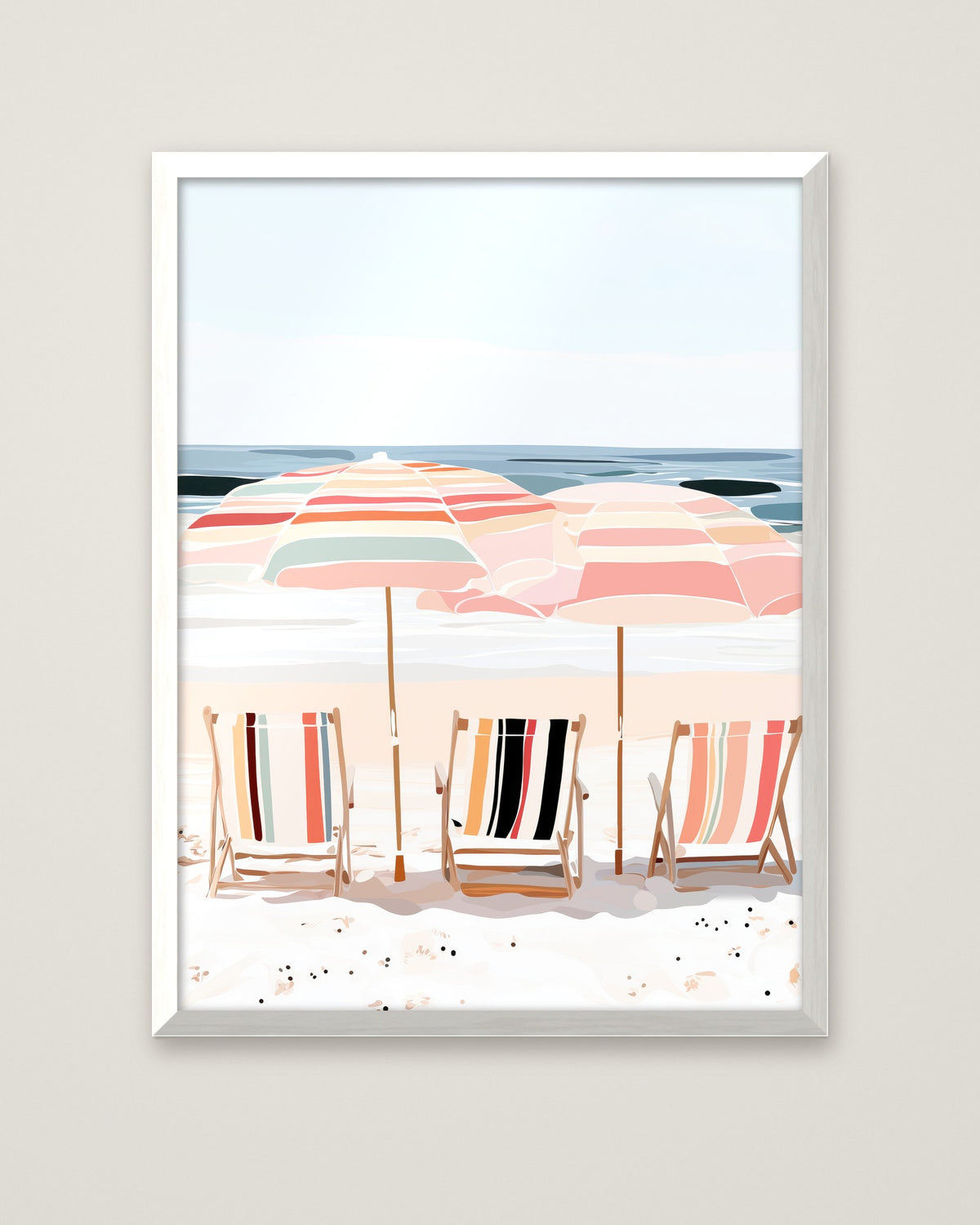 Coastal Beach Chairs Umbrella Art in a white frame