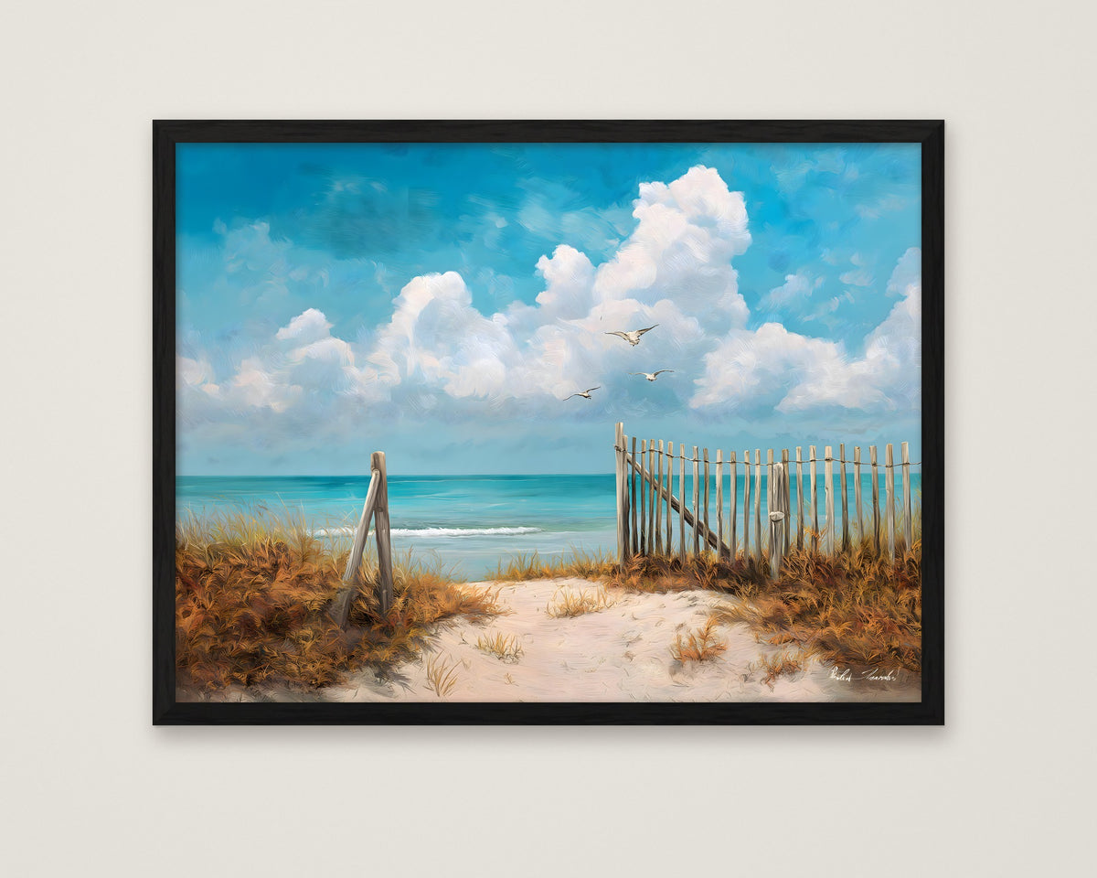 Coastal Beach Path Painting in a black frame