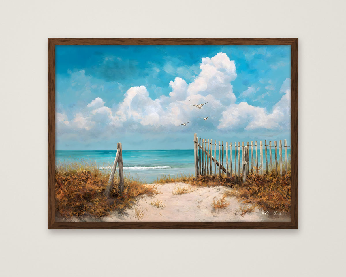 Coastal Beach Path Painting in a dark wood frame