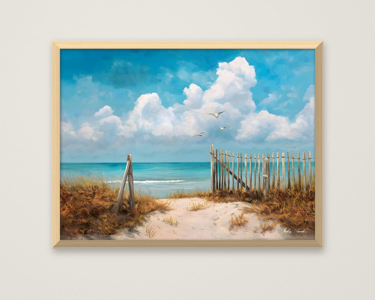 Coastal Beach Path Painting in a natural wood frame